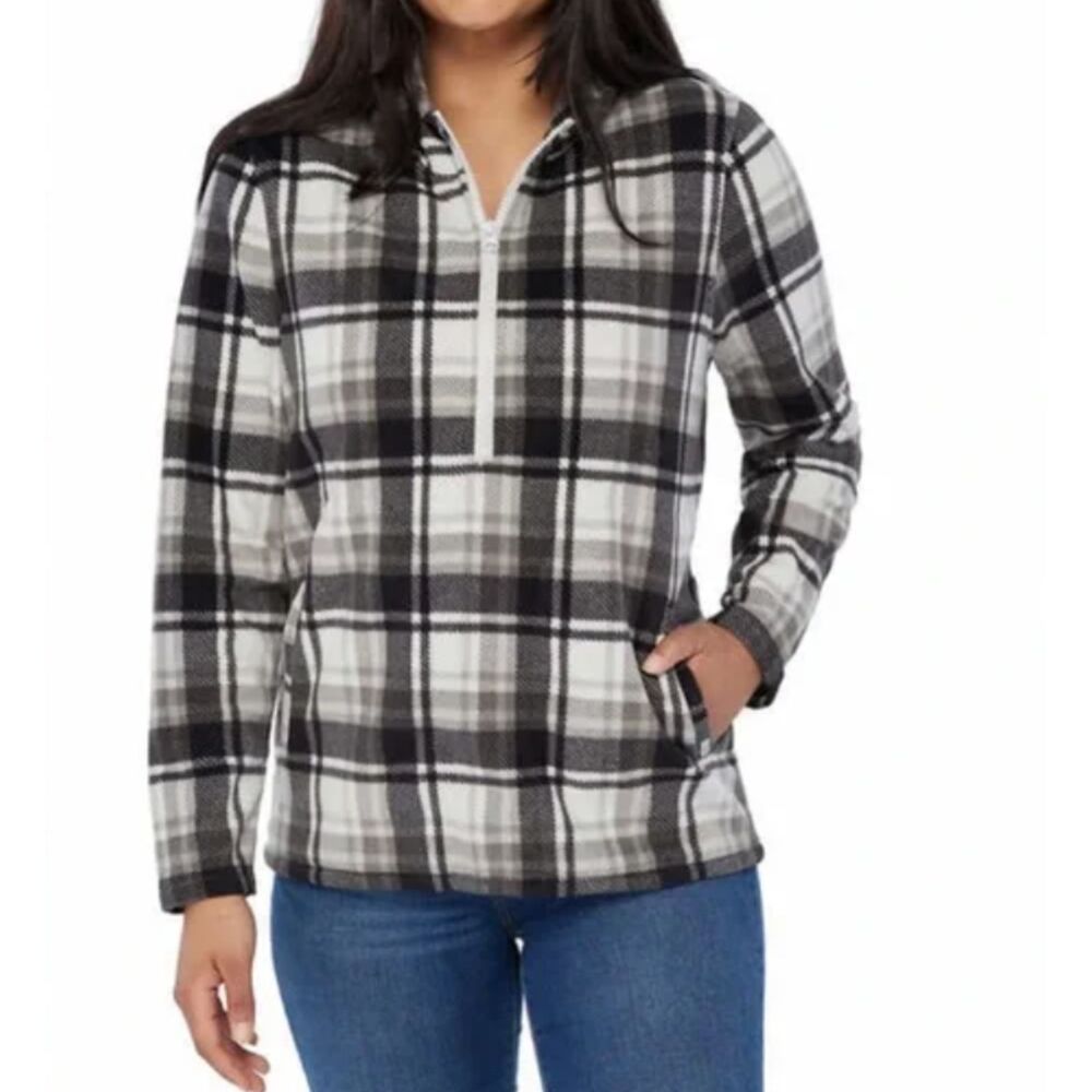 ~ O'Neill XL Fleece Jacket Black Gray Plaid Hoodie Pockets Half Zip Unisex